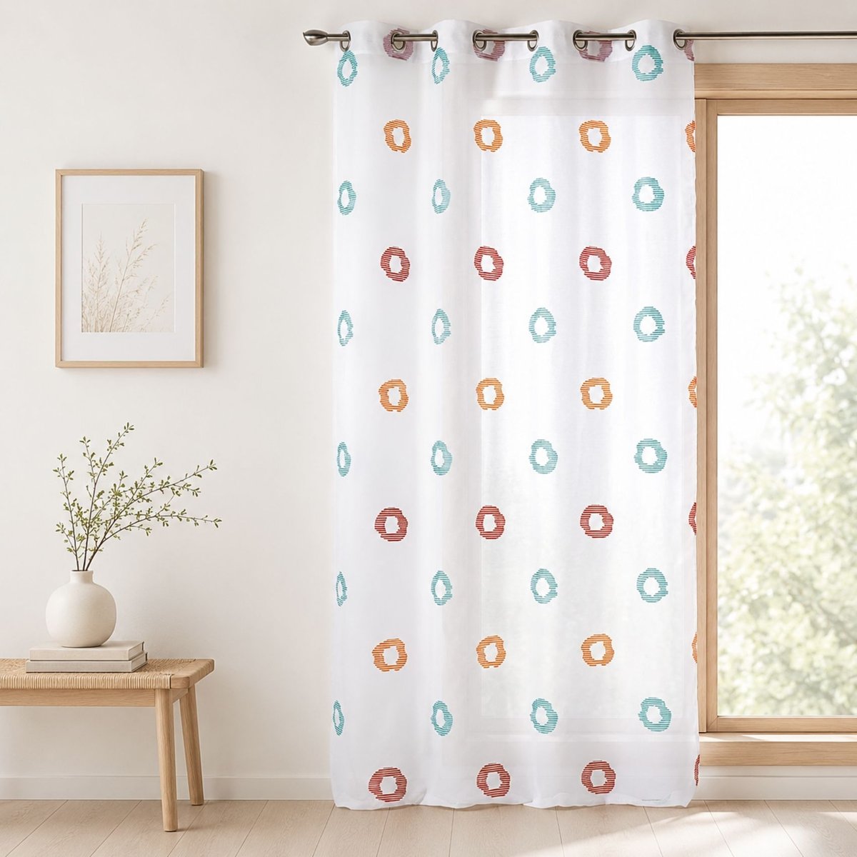 Voilage léger à motifs de cercles rayés stylisés turquoise, HOME MAISON