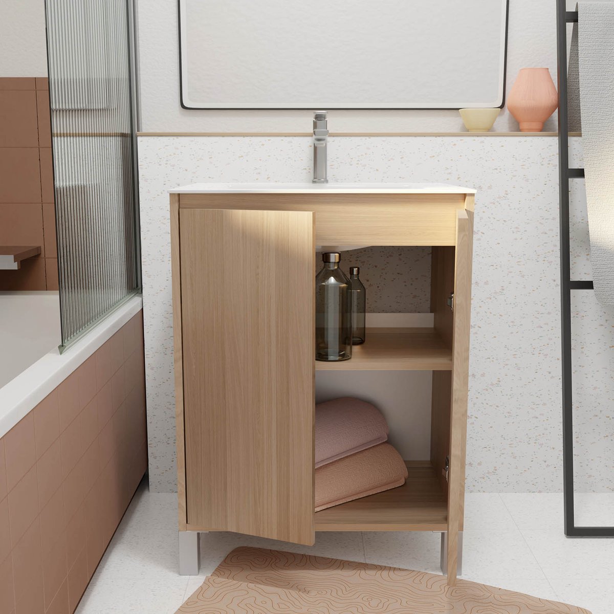 Meuble de salle de bains sur pieds avec 2 portes et vasque naturel, HOME MAISON
