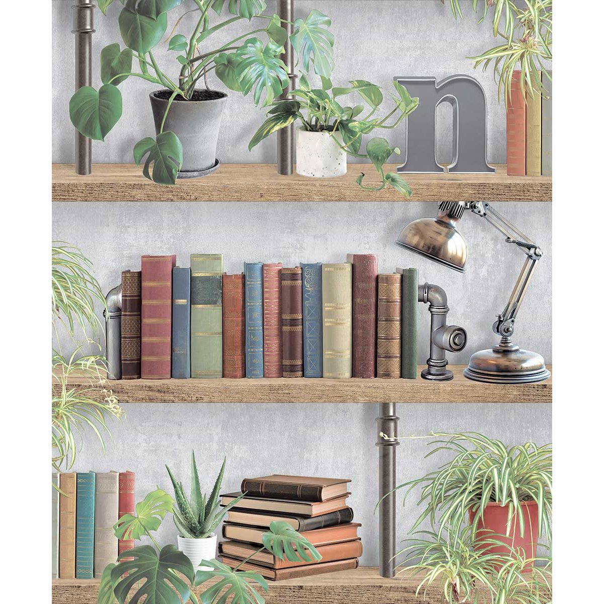 Papier peint bibliothèque livres plantes style loft beige, HEXOA