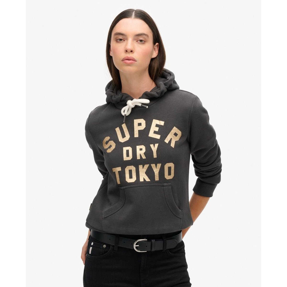 Sweat à capuche à logo pailleté noir délavé, SUPERDRY