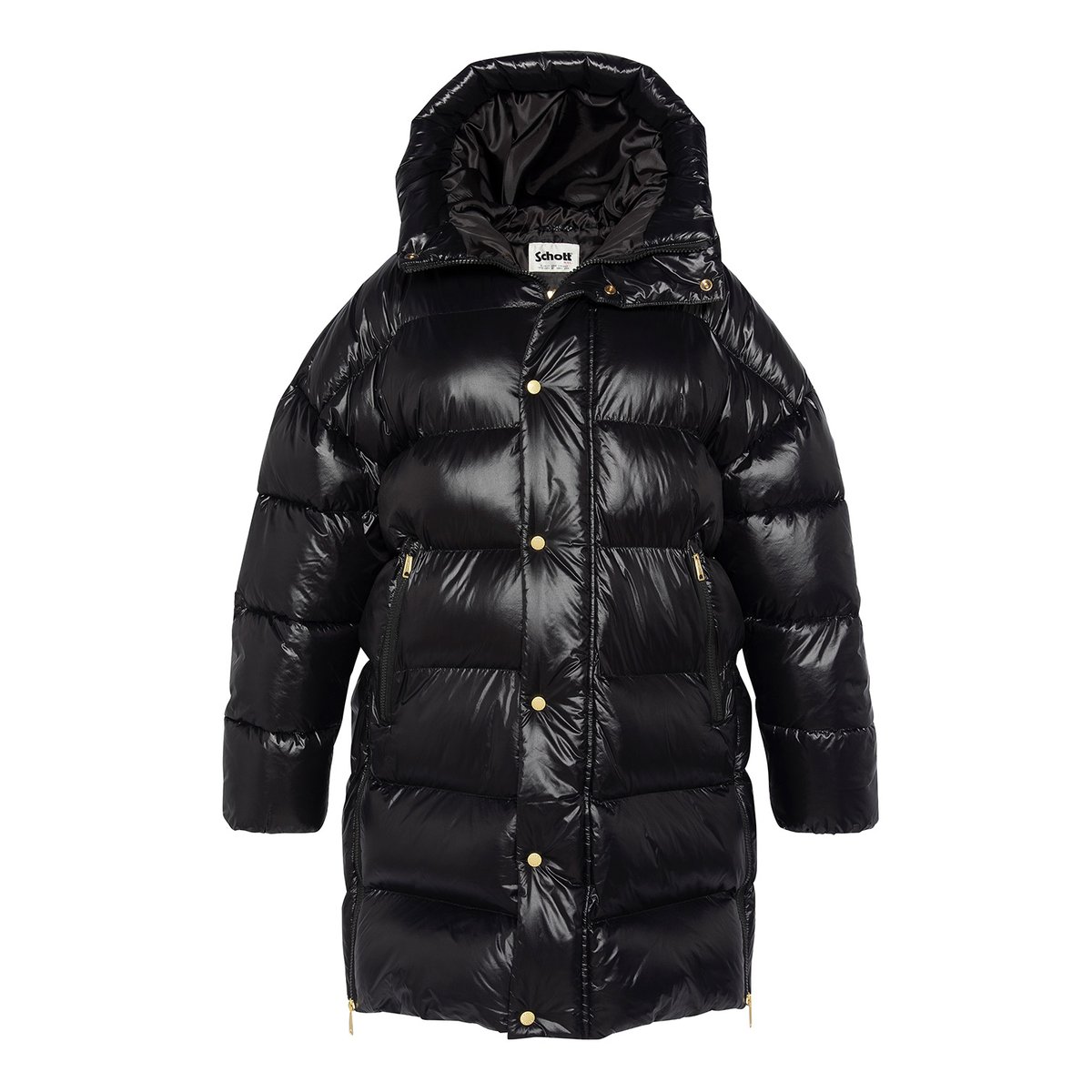 Doudoune longue oversize à capuche noir, SCHOTT