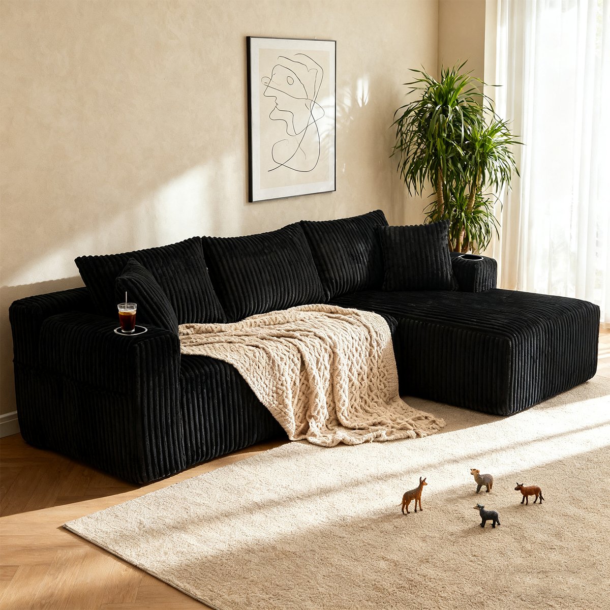 Canapé d’angle 3 places design moderne en velours côtelé avec méridienne, poches latérales et porte-gobelets, SCANDB noir, MEUBLES COSY