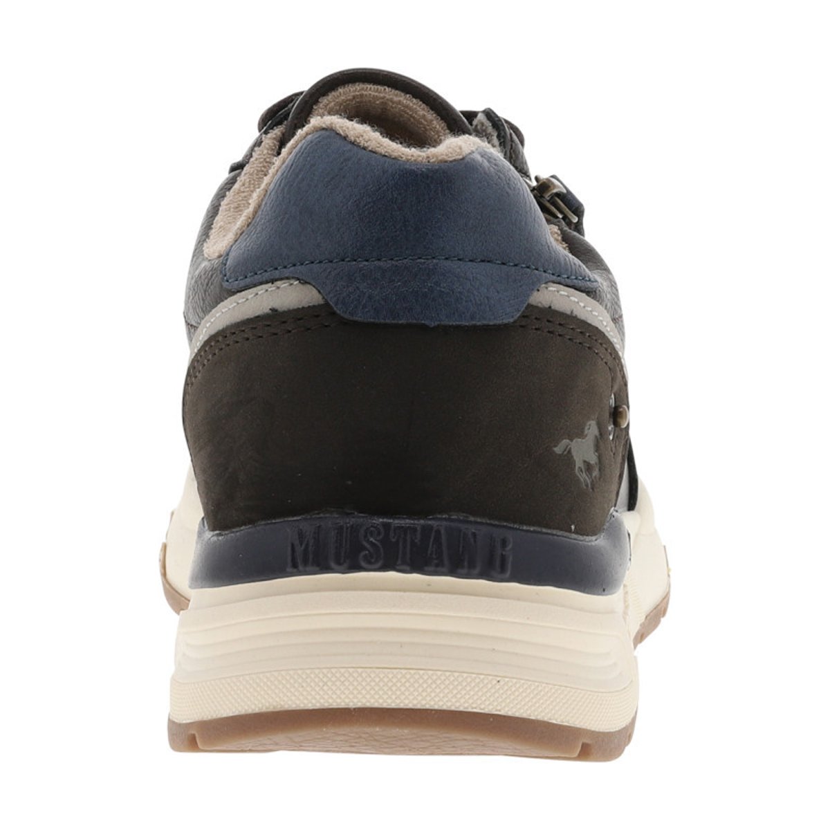 Baskets bleu marine à talon plat avec des lacets et un zip latéral café, MUSTANG