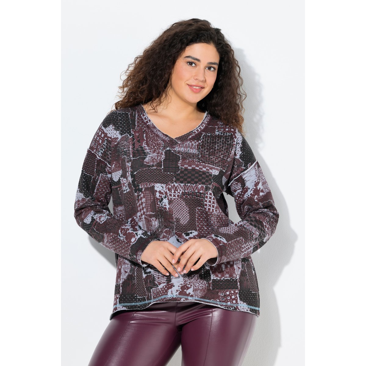 Sweat-shirt col en V et manches longues prune, ULLA POPKEN
