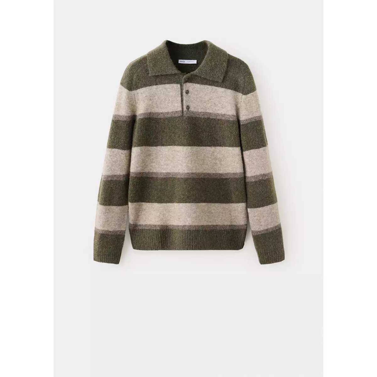 Pull polo rayé en mélange de laine et d’alpaga olive, MANGO MAN