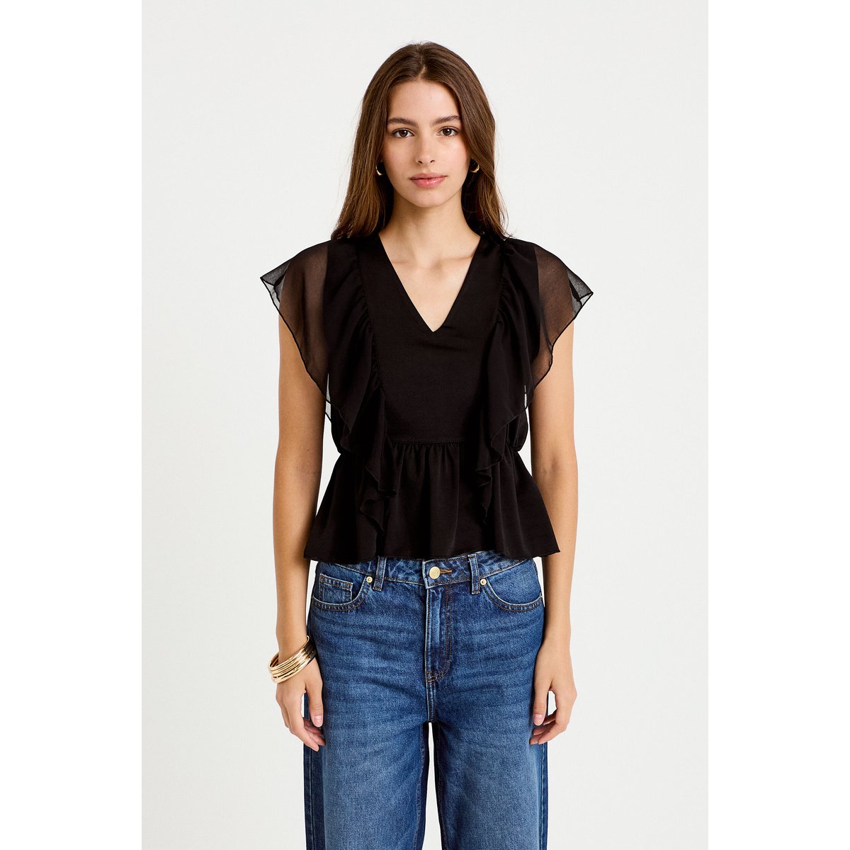 Blouse décolleté voile manches courtes noir, CACHE CACHE