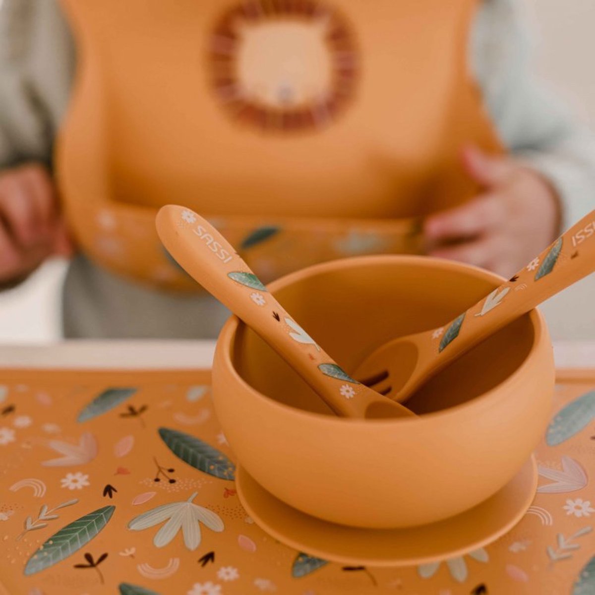Set fourchette et cuillère en silicone ANIMAUX orange, SASSI