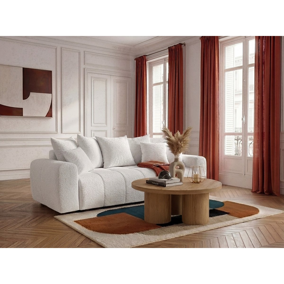 Canapé droit convertible 3 places en tissu bouclette, ROXELANE blanc, BOBOCHIC