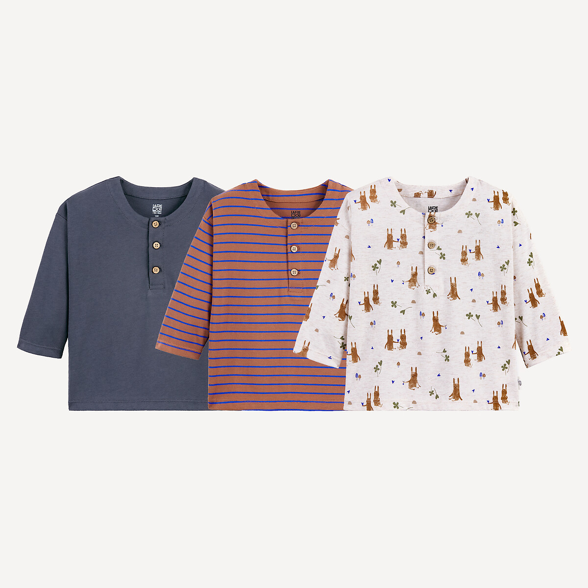 Pack of 3 Long Sleeve Grandad Collar T-Shirts assorted, LA REDOUTE COLLECTIONS