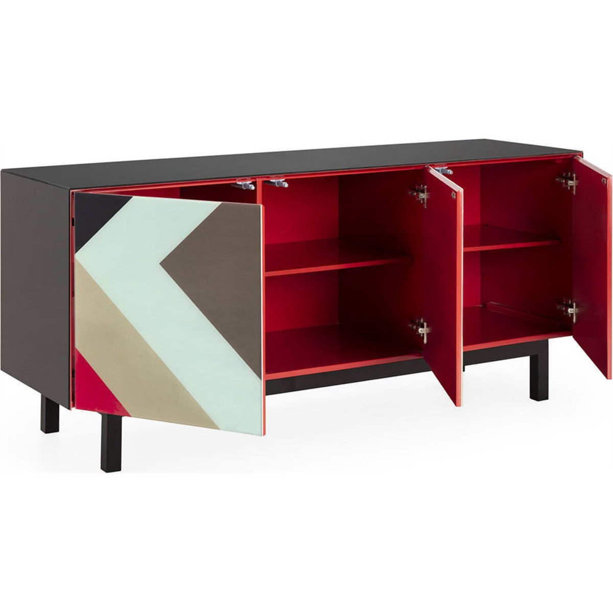 Buffet en verre et métal design géométrique noir et multicolore, RECOLLECTION