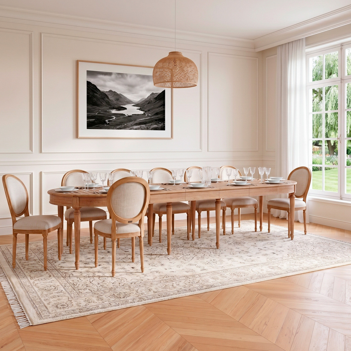 Table ovale en chêne style shabby chic 5 rallonges 6/14 couverts GIOVANNI beige, ROBIN DES BOIS