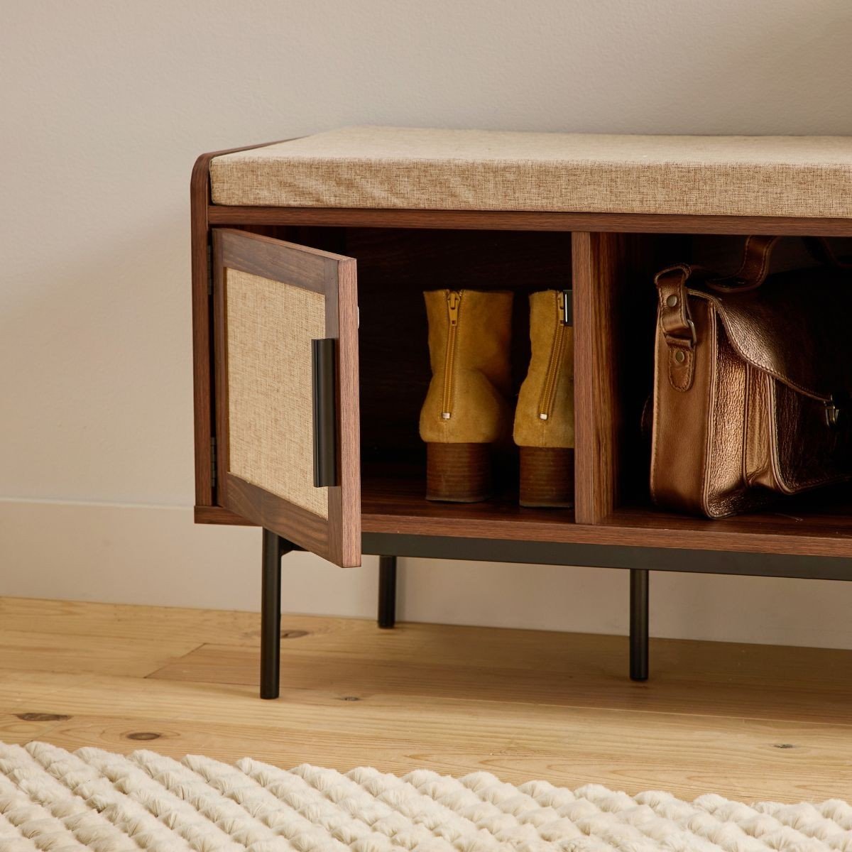 Banc d'entrée décor noyer 1 porte avec façade en tissu  JETSON bois foncé, CALICOSY