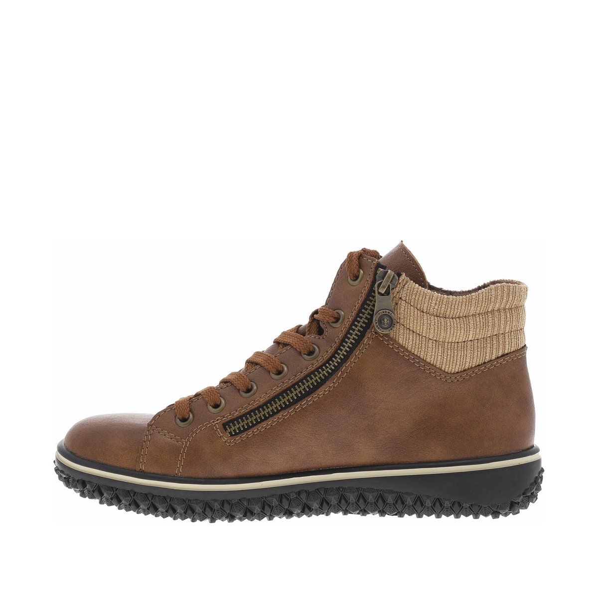 Bottines cognac à talon plat avec des lacets et deux zips latéraux cognac, RIEKER