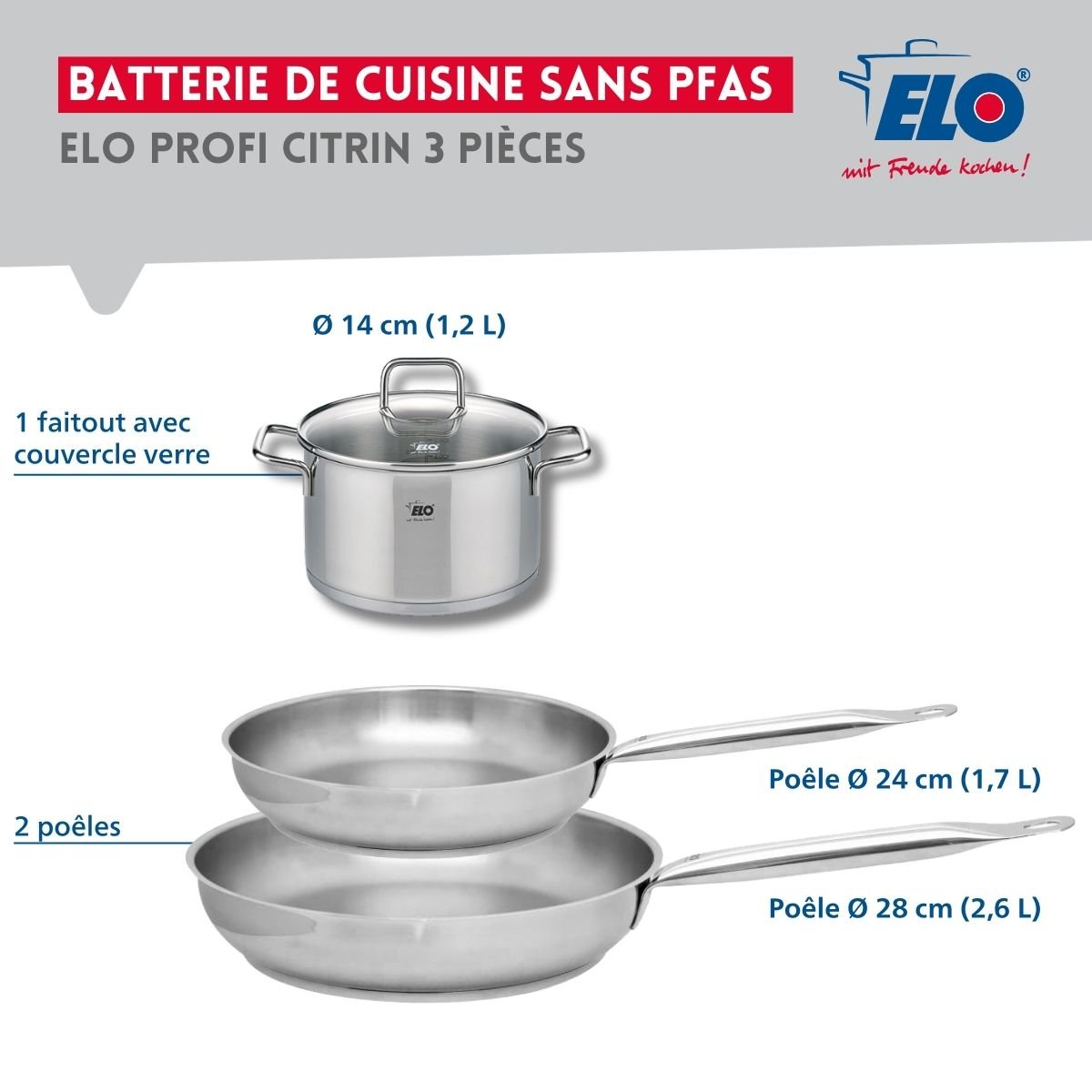 Batterie 2 poêles 24/28cm + 1 faitout 14cm PROFI CITRIN gris, ELO
