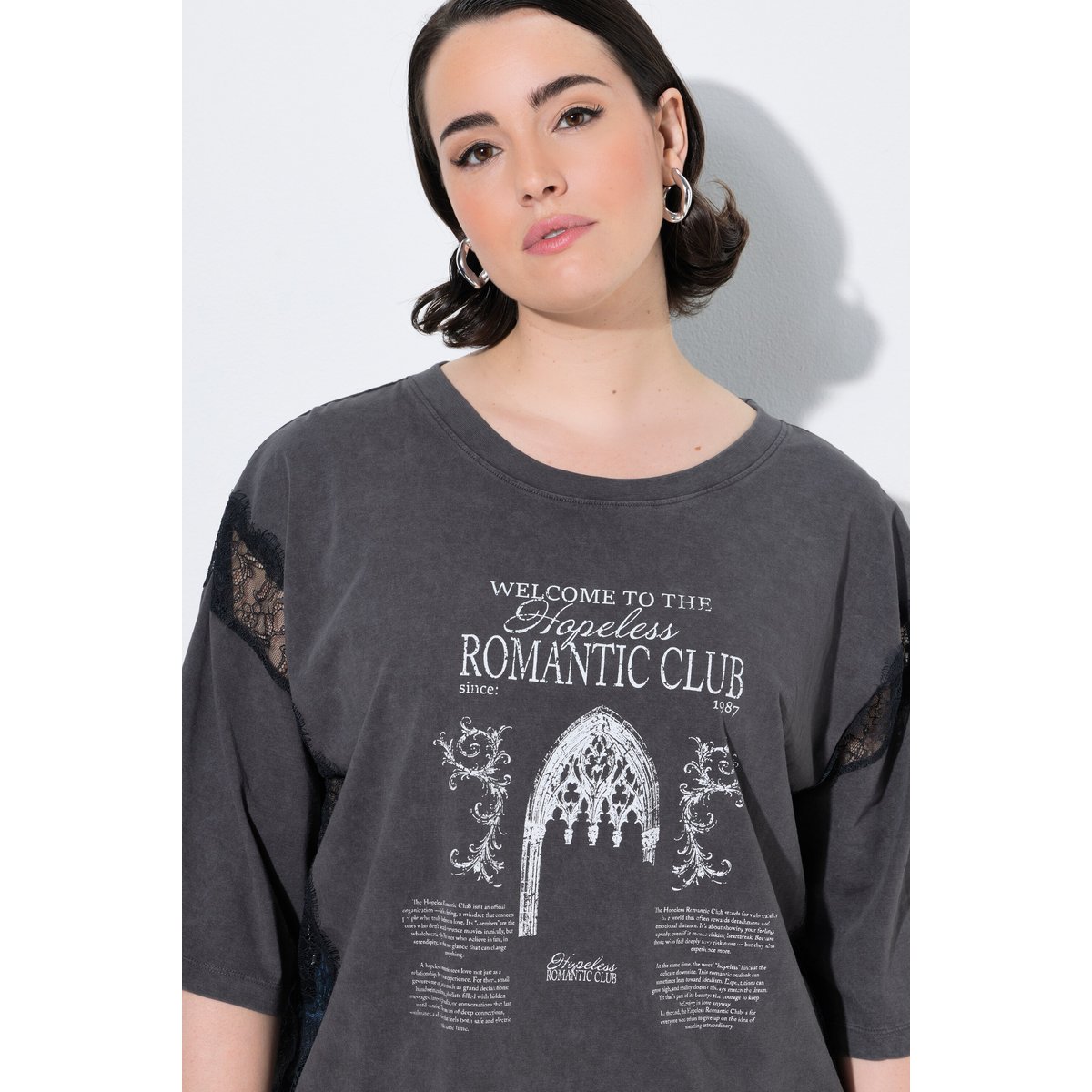 T-shirt avec empiècements en dentelle anthracite, ULLA POPKEN