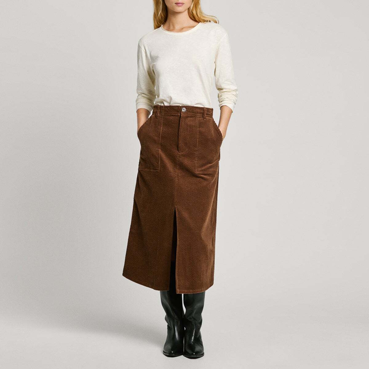 Jupe Midi En Velours Côtelé brun terre, PEPE JEANS