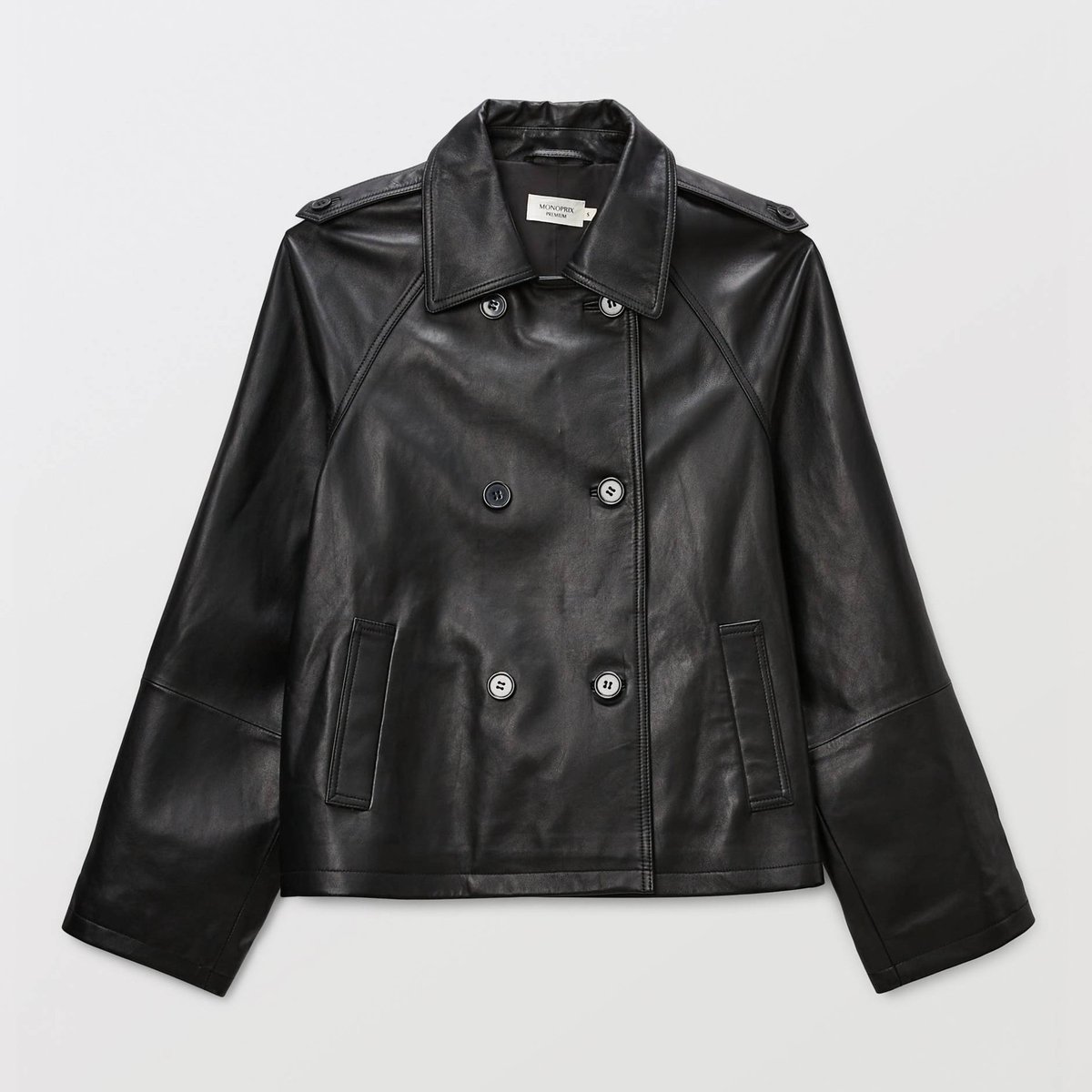 Caban court en cuir noir, MONOPRIX