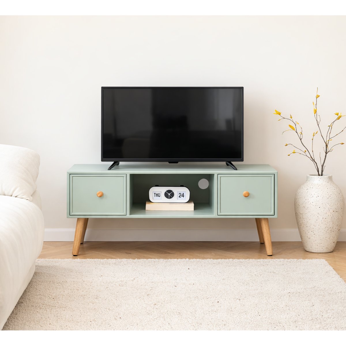 Meuble TV 2 tiroirs, bois, AKITA vert menthe, NORDLYS