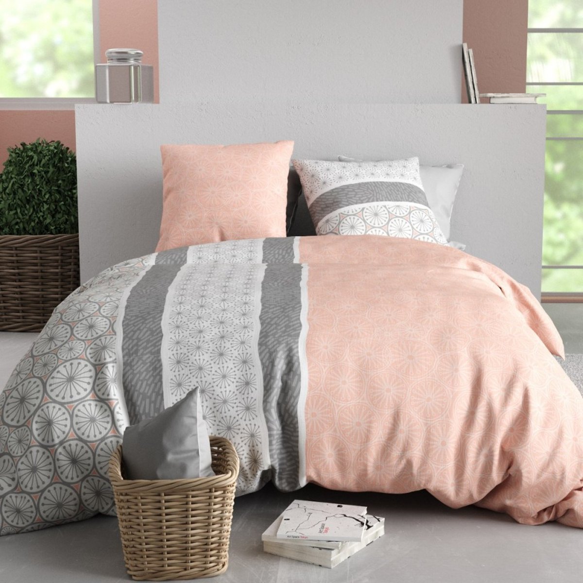 Housse de couette 100% coton 57 fils + 2 taies d’oreiller rose, DECORATIE