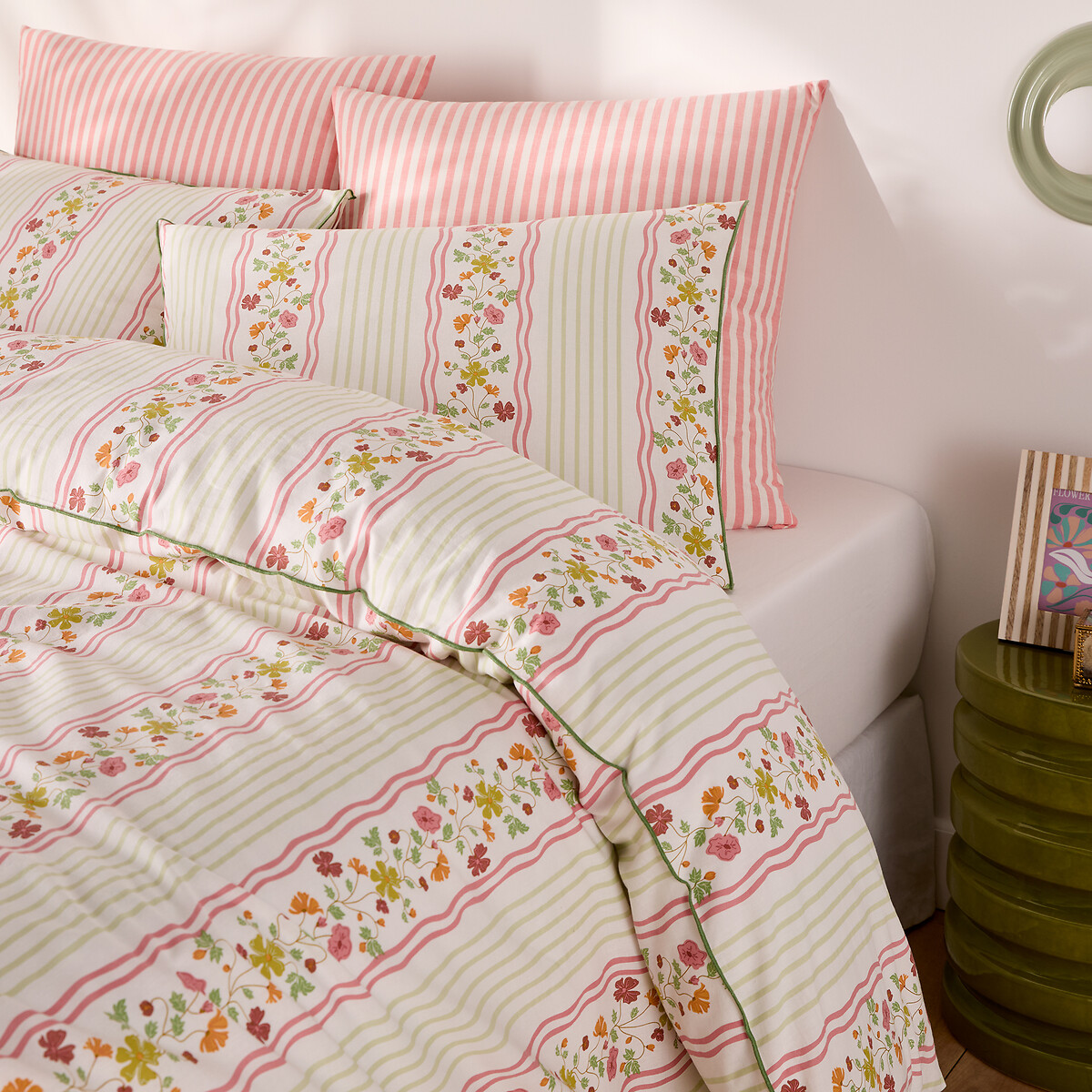 Fabiola Striped/Floral Print Washed Cotton Pillowcase floral and striped print, LA REDOUTE INTERIEURS
