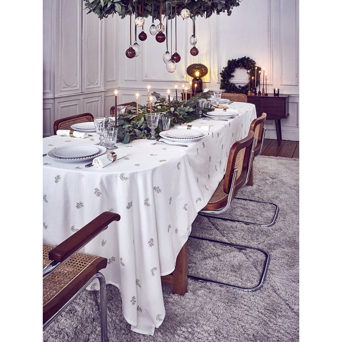 Nappe broderie dorée en coton tramé blanc, CYRILLUS