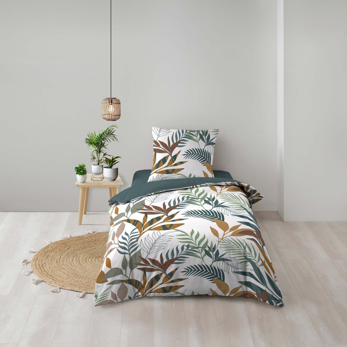 Parure de lit 2 pièces 100% coton à motifs végétaux housse + taie bleu, DOUCEUR D'INTÉRIEUR