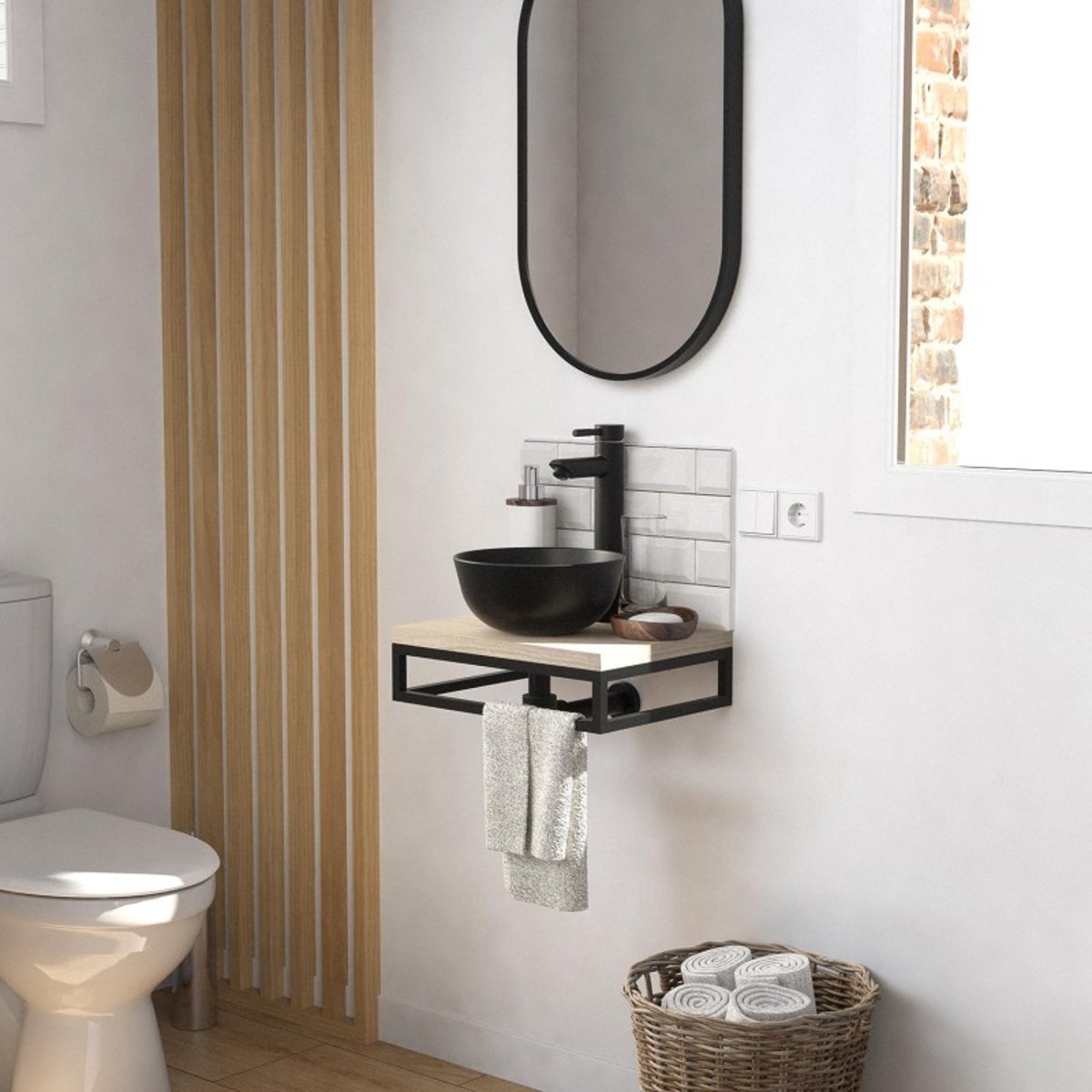 Lave-mains fin +vasque+robinet+miroir SOHO décor chêne, MOB IN