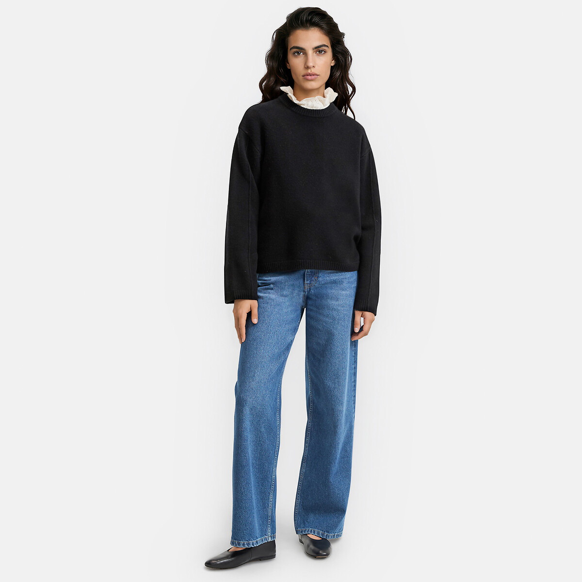 Jersey de cuello redondo de lana con botones en el lateral negro, LA REDOUTE COLLECTIONS