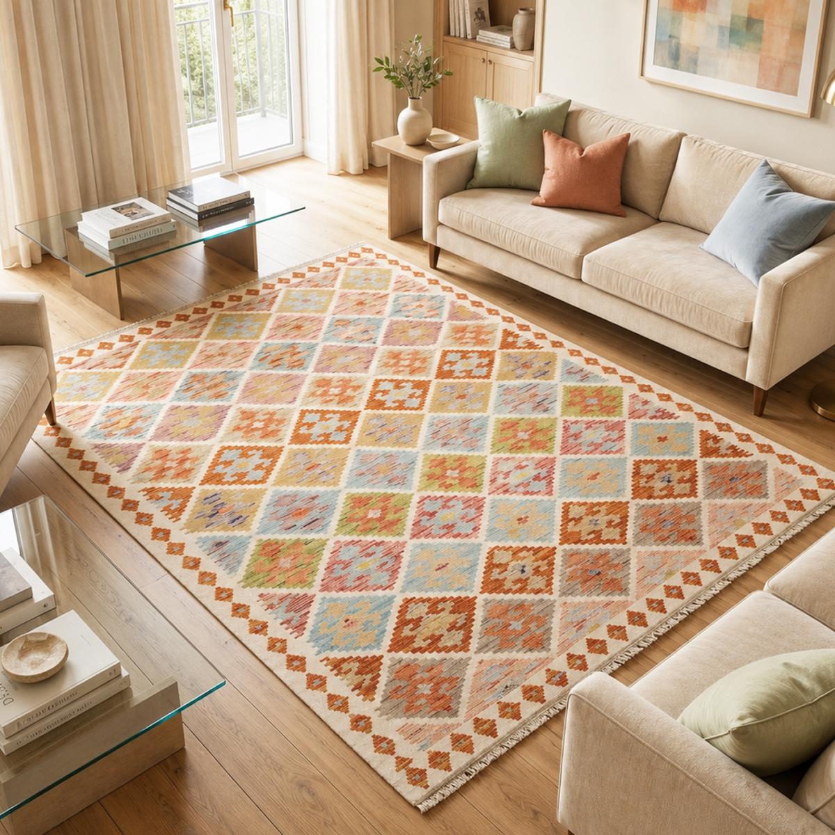Tapis kilim ethnique, tissé à plat en laine, authentique KILIM 50 multicolore, bleu, orange, UN AMOUR DE TAPIS