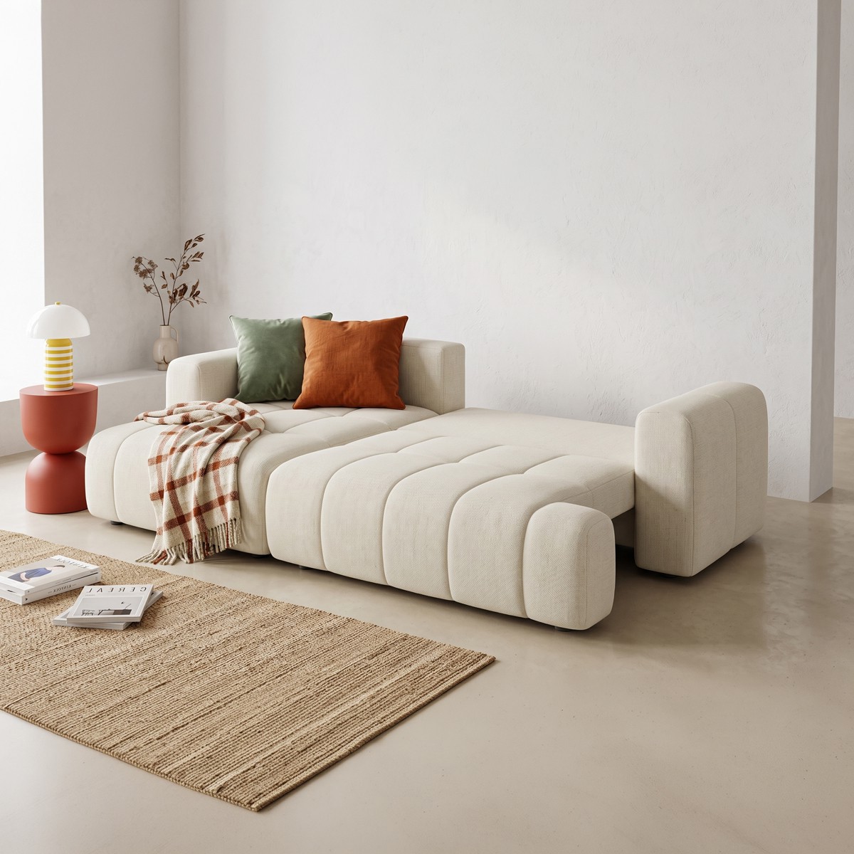 Canapé d'angle à gauche convertible 4 places en tissu chenille - ouverture rapide - KARL beige, HOMIFAB