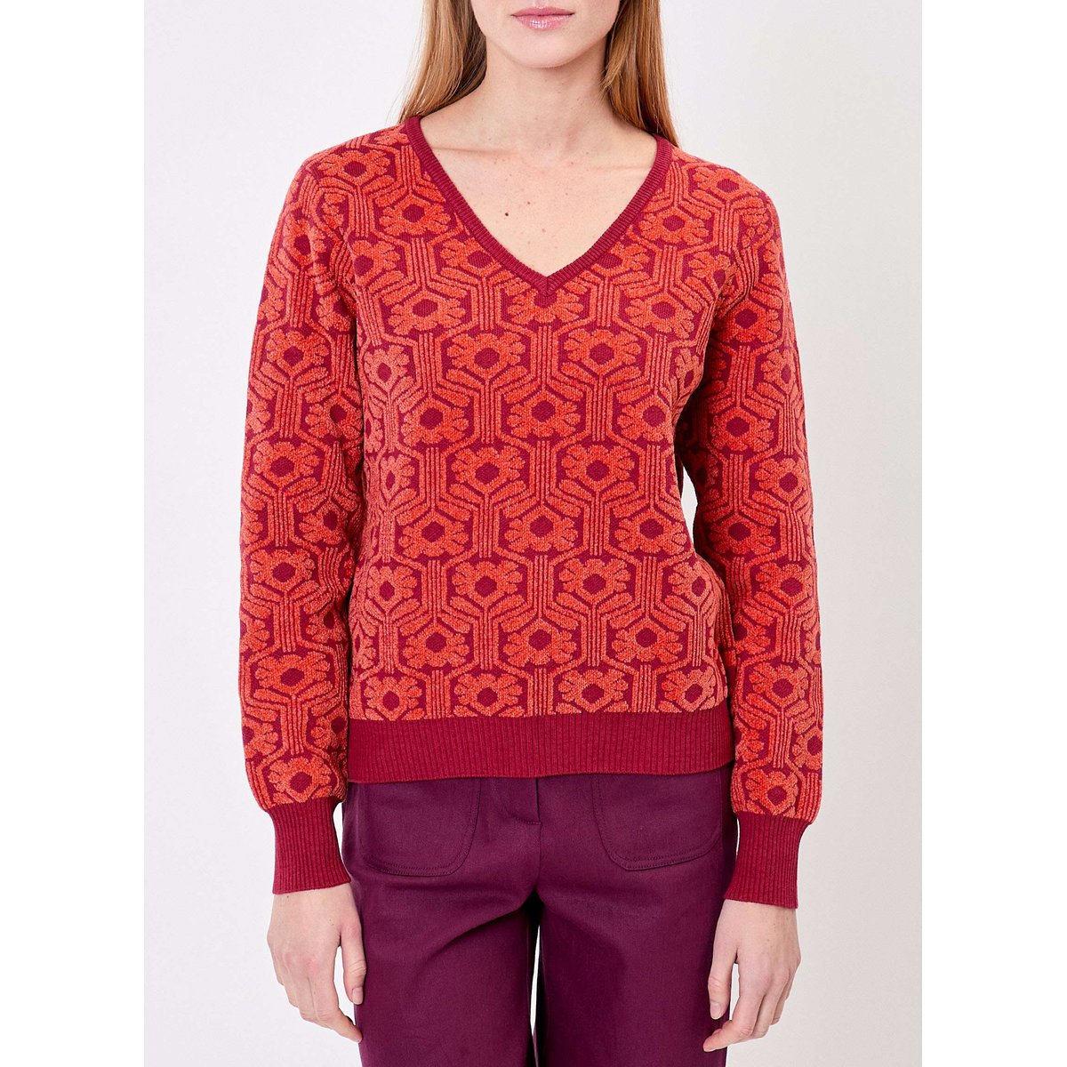 Pull col V maille jacquard ELIODO orange, PRINCESSE NOMADE