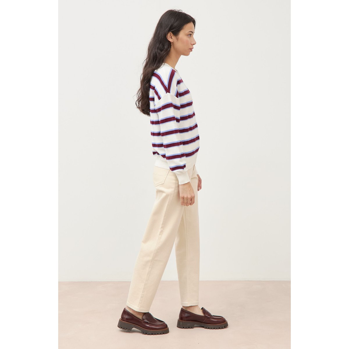 Pull col rond manches longues en coton marron chocolat, BONOBO