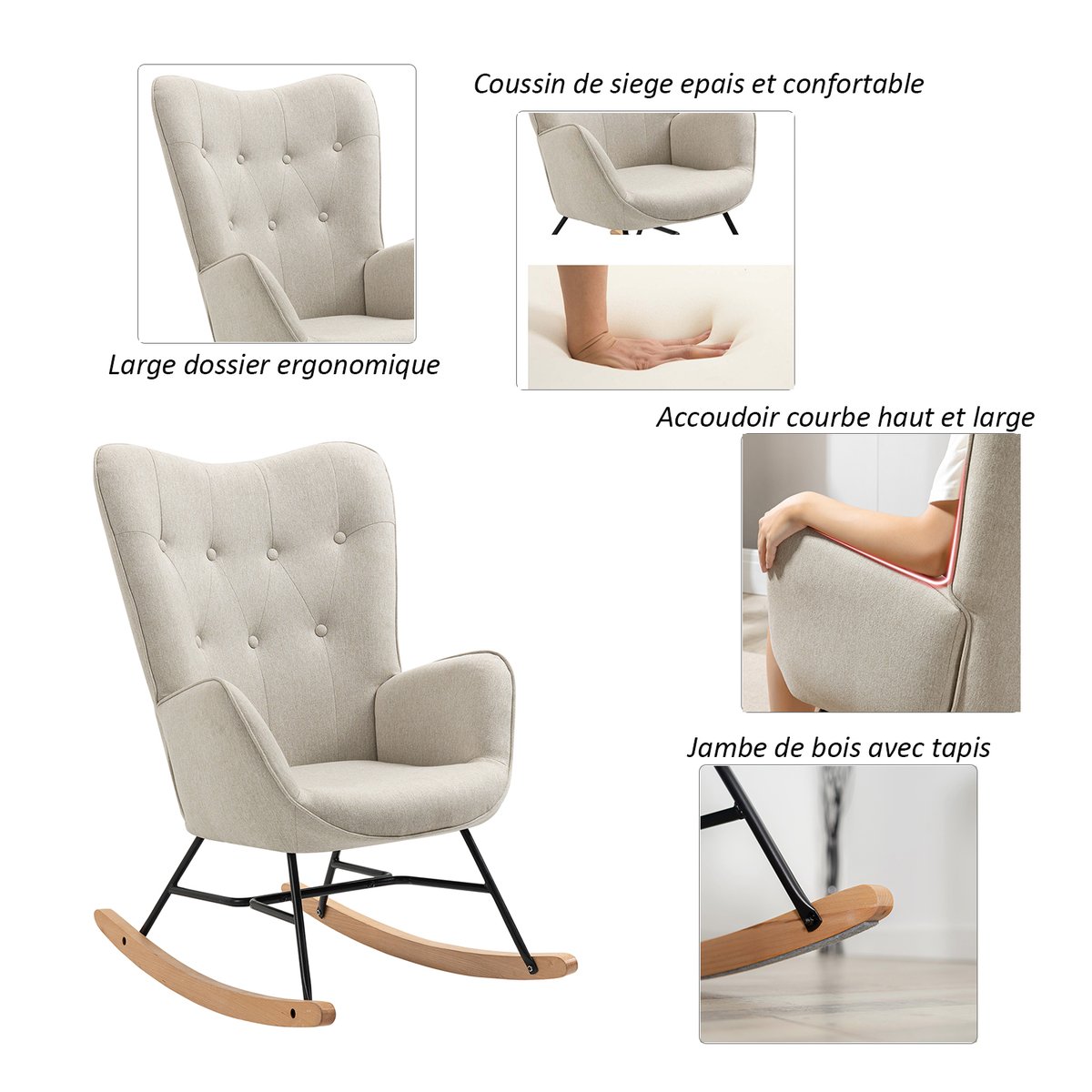 Fauteuil à bascule rocking chair scandinave en tissu, EPPING beige, MEUBLES COSY