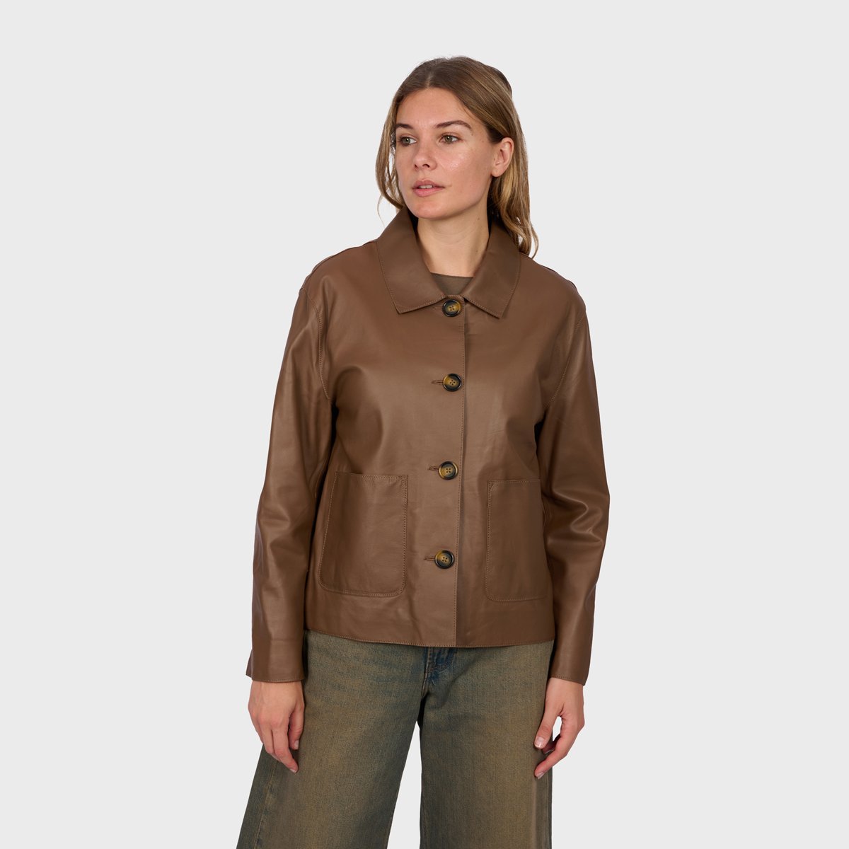 Veste en cuir à col chemise HOUSTON marron clair, OAKWOOD