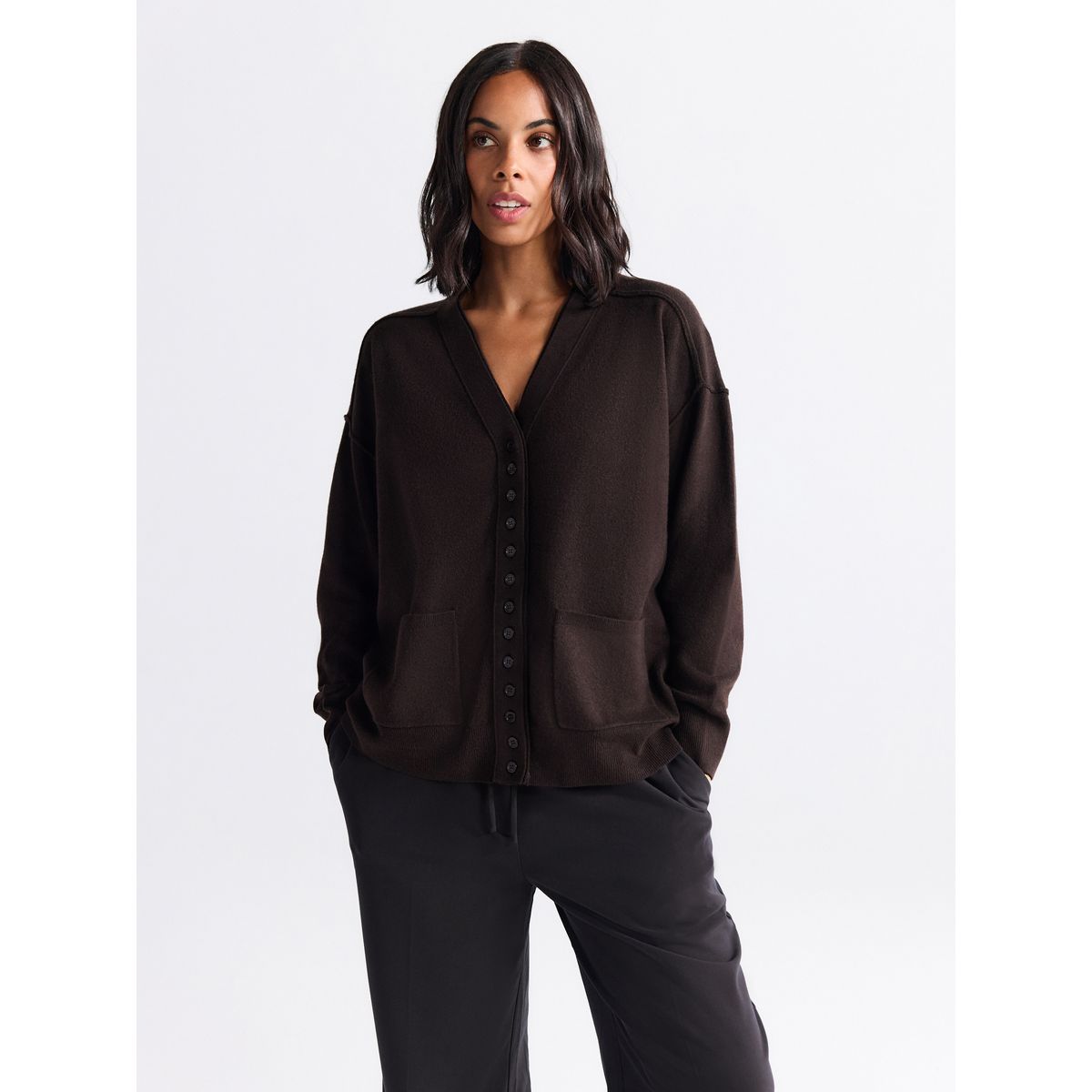 Cardigan ultra-doux à col v et poches marron chocolat, NEXT