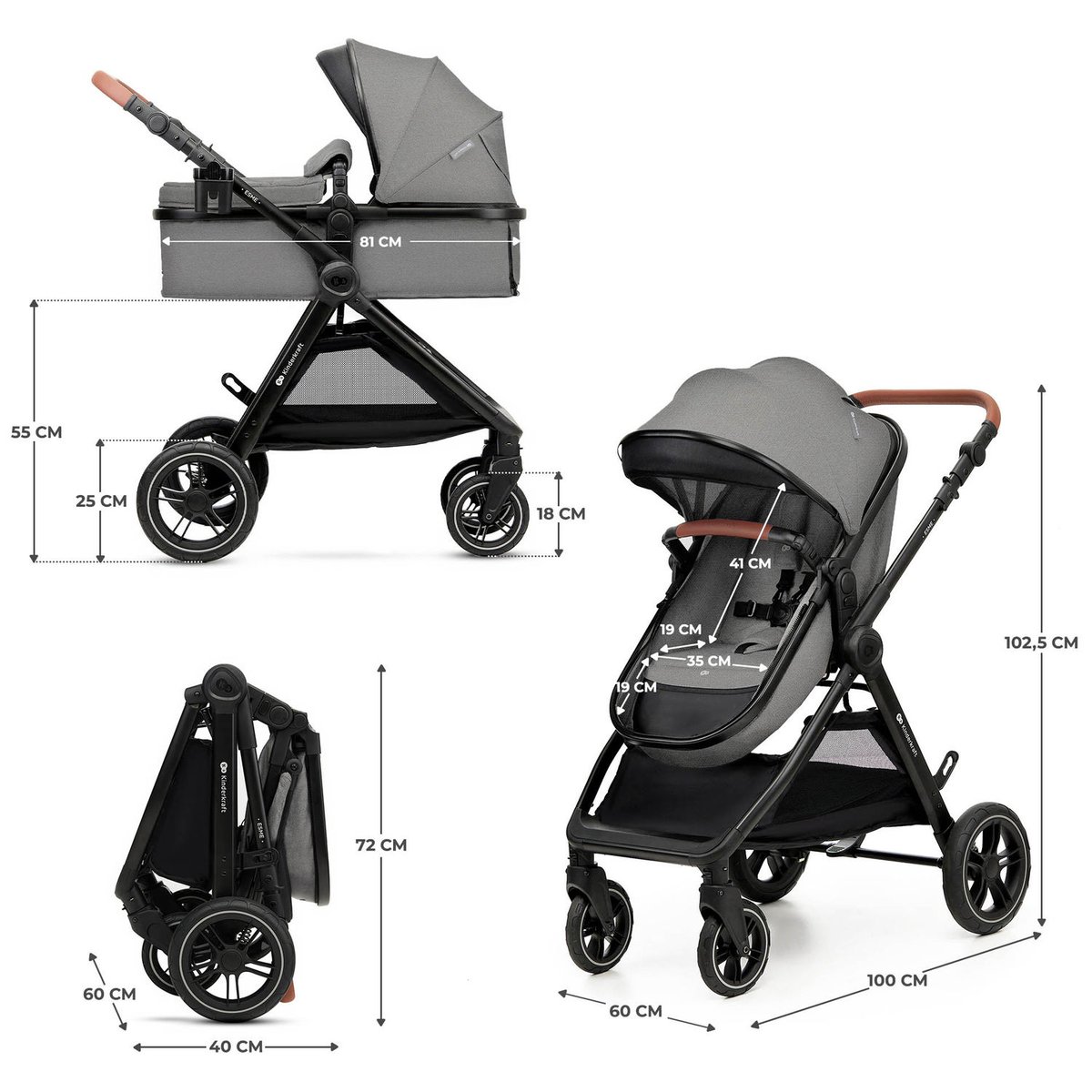Poussette Esme Pro 3 en 1 gris, noir, KINDERKRAFT