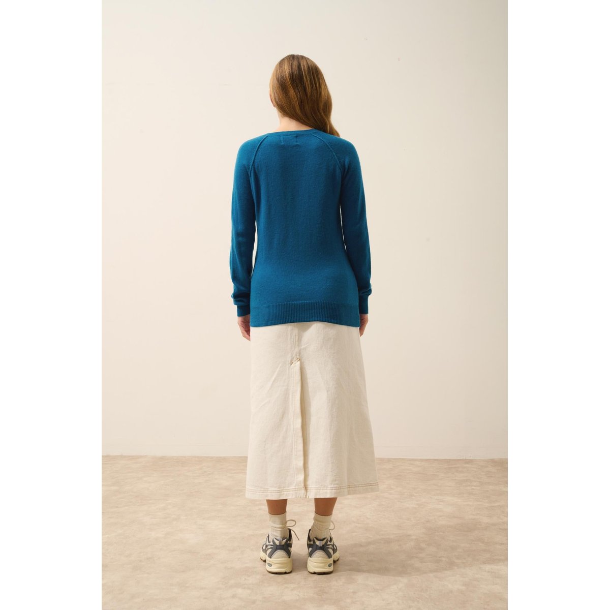 Pull Col Rond Paon Helen bleu vert, JUST CASHMERE