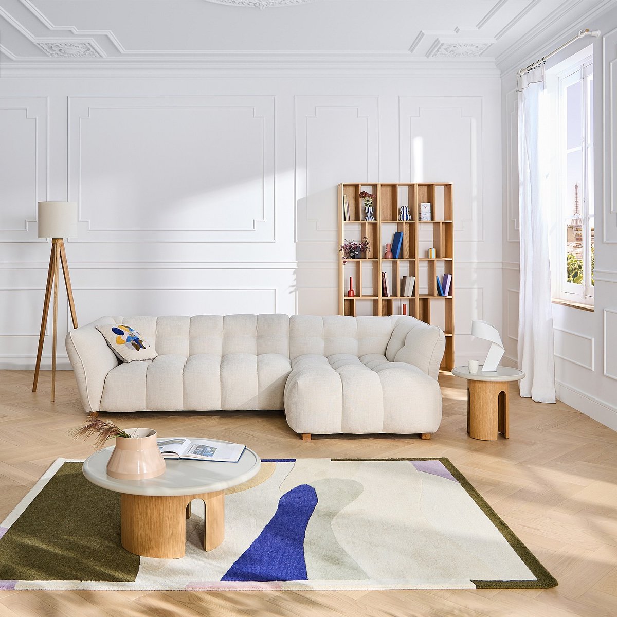 Tapis de salon laine AUBIN kaki, bleu roi, beige, multicolore, HABITAT