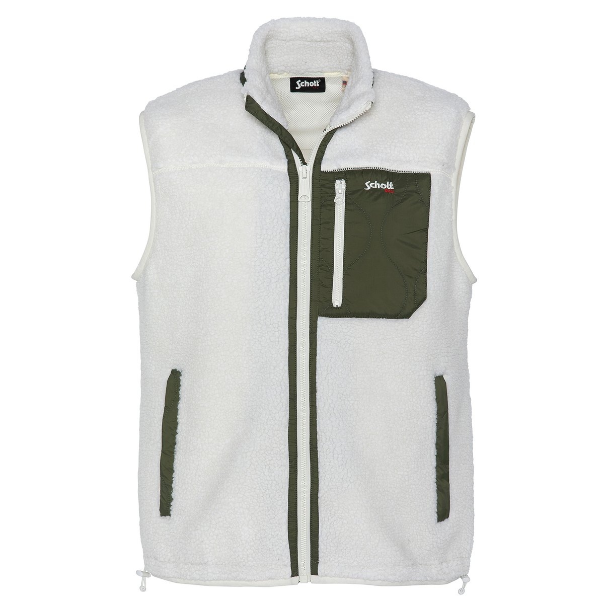 Sweatshirt zippé sans manche en sherpa blanc cassé/kaki, SCHOTT