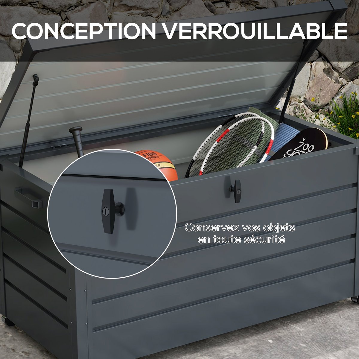 Coffre de rangement d'extérieur Acier gris, OUTSUNNY