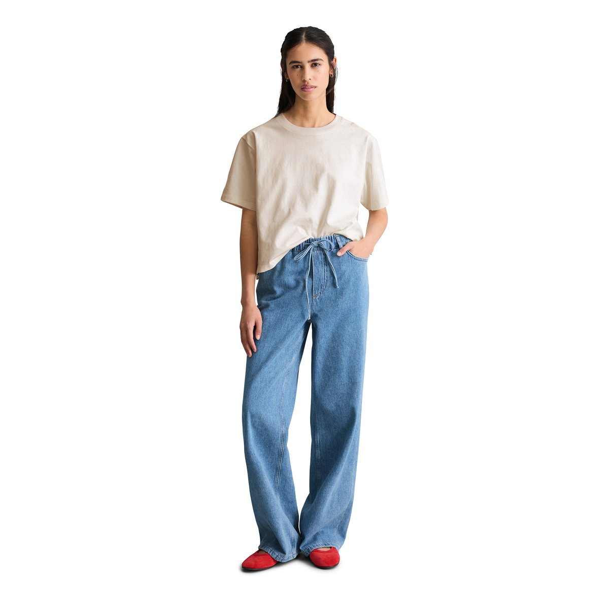 T-shirt avec broderie anglaise relaxed en mélange de matériaux blanc, MARC O’POLO DENIM