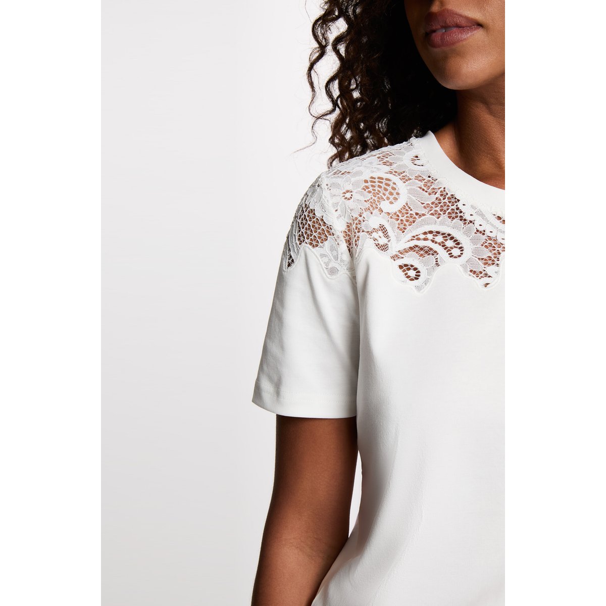 T-shirt dentelle manches courtes blanc, MORGAN