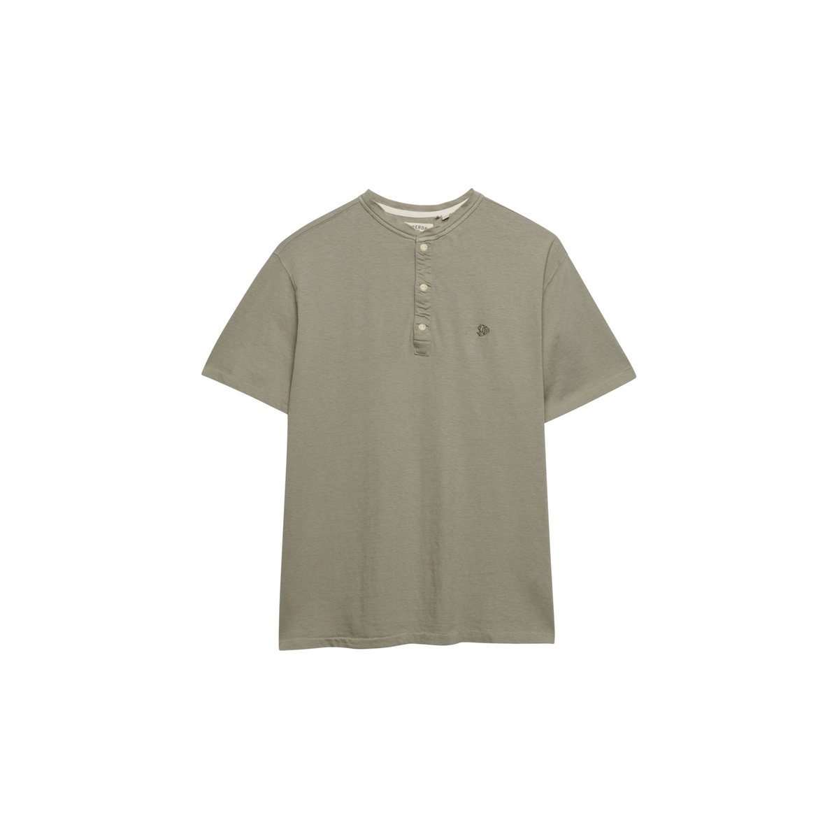 T-shirt Henley à manches courtes en coton et lin kaki clair, SUPERDRY