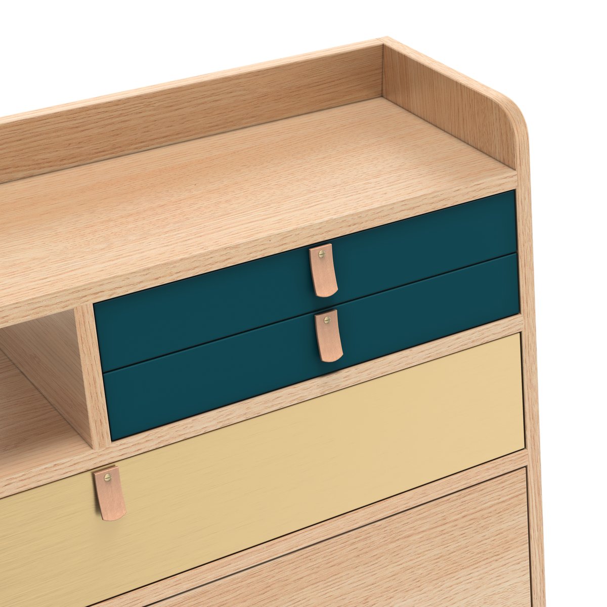 Bureau secrétaire mural en chêne 80 cm, GASTON chêne, bleu pétrole, laiton, HARTO