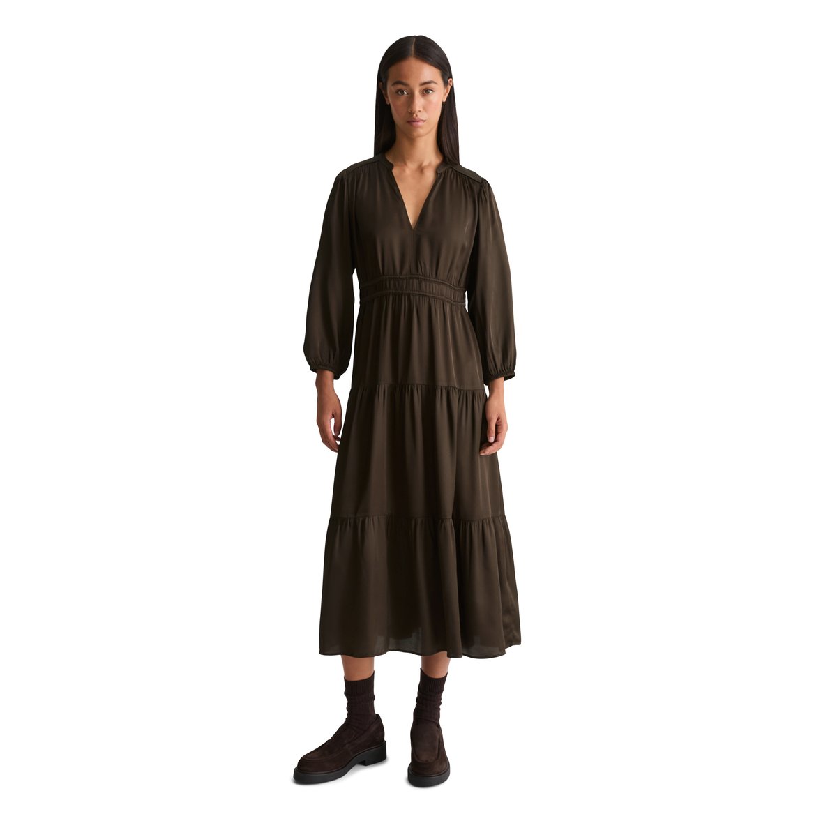 Robe à volants décontractée en satin de viscose fluide marron, MARC O'POLO