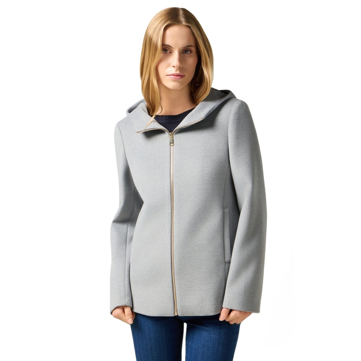 Manteau court à capuche et fermeture éclair gris, OLTRE