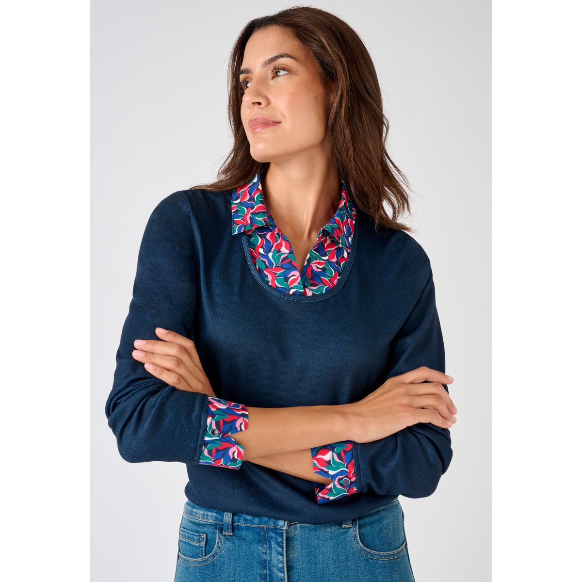 T-shirt effet 2 en 1 en maille chaude bleu marine, DAMART