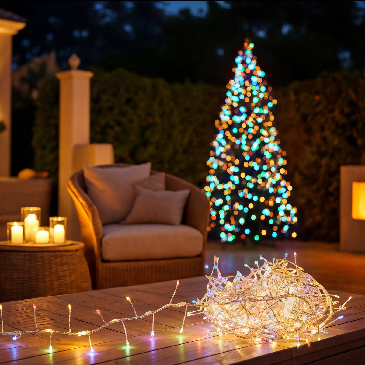 Lot de 2 guirlandes lumineuses d'extérieur 5 m 375 LED blanc chaud et multicolore fil cuivre solaire blanc chaud, ATMOSPHERA