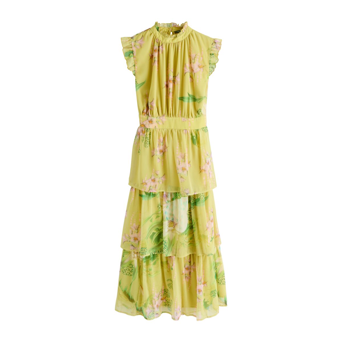 Robe longue imprimée à col montant et volants collection kew, fleurs jaunes, NEXT