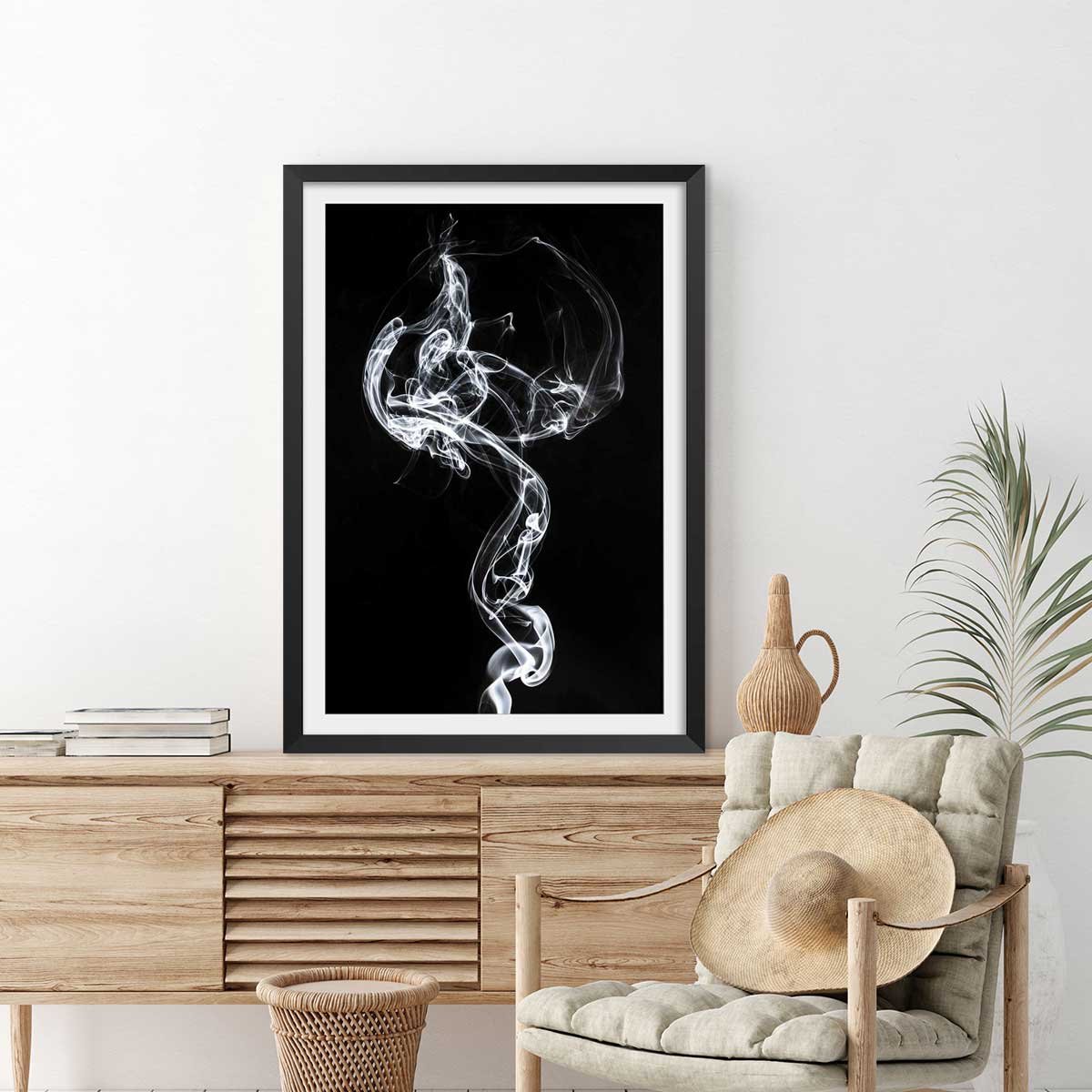 Poster white smoke medusa affiche + cadre en bois - noir, HEXOA